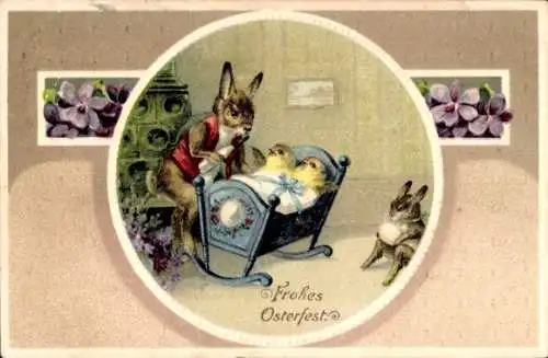 Ak Glückwunsch Ostern, Vermenschlichter Hase, Küken im Babybett