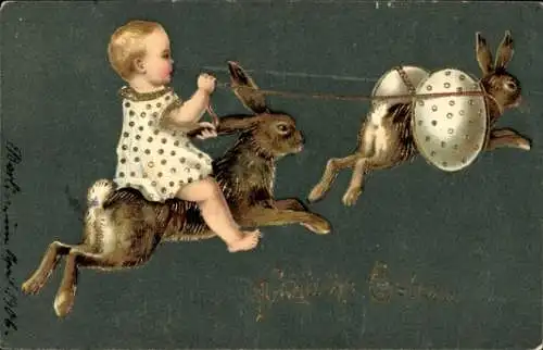 Präge Litho Glückwunsch Ostern, Kleinkind reitet auf einem Hasen, Eier