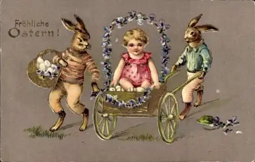 Präge Ak Glückwunsch Ostern, Vermenschlichte Hasen, Kind in einer Schubkarre