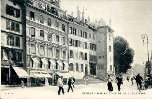 Ak Genève Genf Stadt, Rue et Tour de la Corraterie, Geschäft Schmidt Dahms