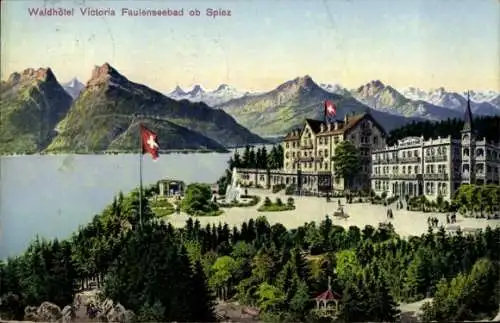 Ak Spiez am Thuner See Kanton Bern, Faulenseebad, Waldhotel Victoria