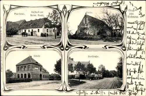 Jugendstil Ak Rychnów Richnow Ostbrandenburg, Kirche, Gasthof, Pfarrhaus, Schule