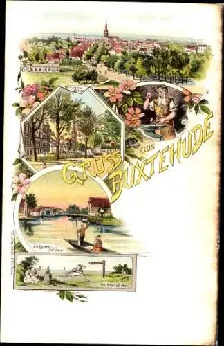 Litho Buxtehude in Niedersachsen, Totale, Harburger Straße, Stadtgraben, Schmied, Hase und Igel