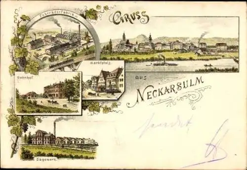 Litho Neckarsulm in Württemberg, Marktplatz, Fahrradfabrik, Sägewerk, Bahnhof