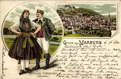 Litho Marburg an der Lahn, Gesamtansicht, Hessische Volkstrachten, Schwälmer