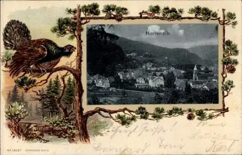 Präge Passepartout Ak Bad Herrenalb im Schwarzwald, Gesamtansicht, Auerhuhn