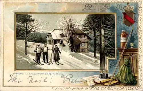 Präge Passepartout Litho Feldberg im Schwarzwald, Gasthaus Jägermatte, Skiläufer