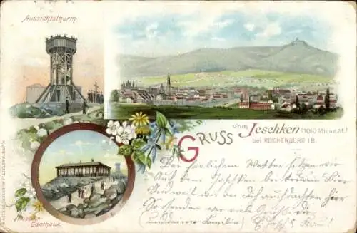 Litho Liberec Reichenberg Stadt, Aussichtsturm, Koppen Gasthaus, Jescken