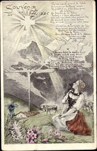 Gedicht Ak Schweiz, Frau in Tracht, Gebirge