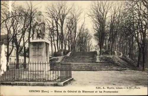 Ak Gisors Eure, Statue du General de Blanmont, Promenades