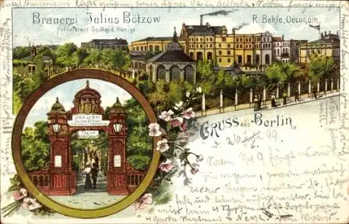 Litho Berlin Prenzlauer Berg, Brauerei Julius Bötzow, Gesamtansicht, Eingangstor, Hoflieferant