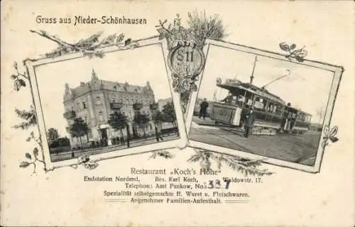 Ak Berlin Pankow Niederschönhausen Nordend, Restaurant Koch's Höhe, Waldowstraße 17, Straßenbahn