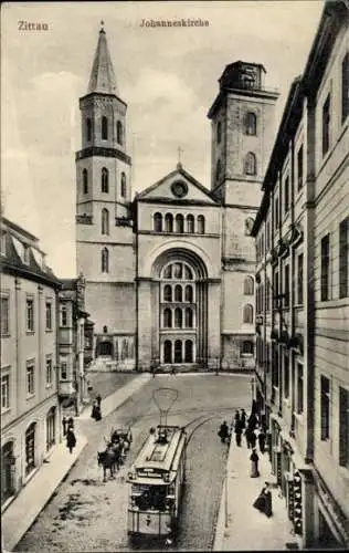 Ak Zittau in der Oberlausitz, Johanneskirche, Tram 7