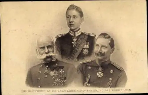 Ak Kaiser Wilhelm II., Kaiser Franz Josef I., Kronprinz Wilhelm, Großjährigkeit