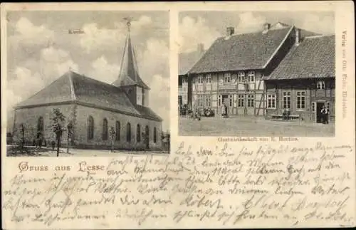 Ak Lesse Salzgitter in Niedersachsen, Kirche, Gastwirtschaft von K. Henties