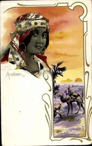 Glitzer Litho Arabien, Maghreb, Araberin in Tracht, Kamel