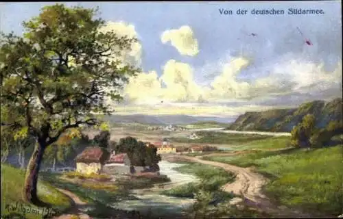 Künstler Ak Wilhelmi, A., Dnjestr bei Zurawno, Deutsche Südarmee, Landschaft