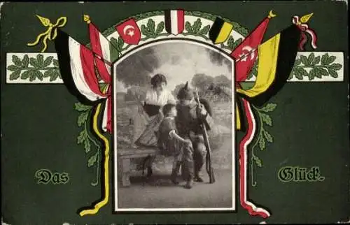 Passepartout Ak Soldat mit seiner Familie, Glück, Soldatenliebe, Fahnen