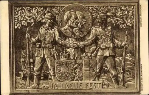 Künstler Ak In Treue Fest, Kaiser Wilhelm II., Kaiser Franz Josef I., Wappen