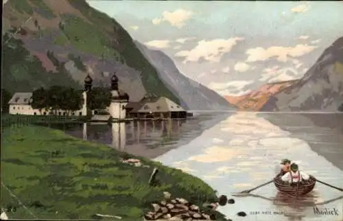 Künstler Litho Mailick, Ortschaft an einem See, Gebirge, Ruderboot, Landschaft