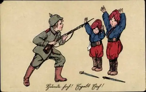 Ak Hände hoch, Ergebt Euch, Kind, Uniform, Gewehr, Turbane