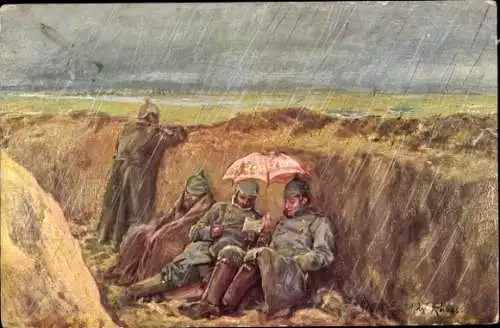 Künstler Ak Rabes, Soldaten im Schützengraben, Regen, I. WK