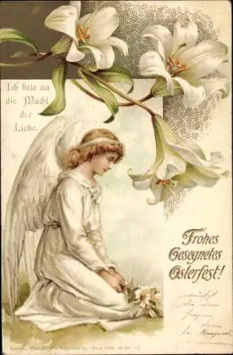 Präge Litho Glückwunsch Ostern, Engel, Blumen