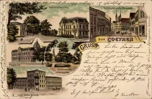 Litho Köthen in Anhalt, Heinrichsplatz, Schalaunische Straße, Postamt, Lutz'sche Klinik