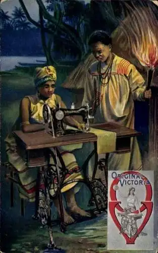Ak Original Victoria Nähmaschine, Afrikanerin am Nähtisch, Nähmaschinenfabrik Mundlos Magdeburg