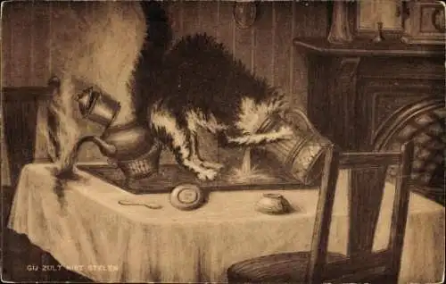Ak Katze auf dem Tisch sucht nach Essen, Kopf steckt im Krug fest