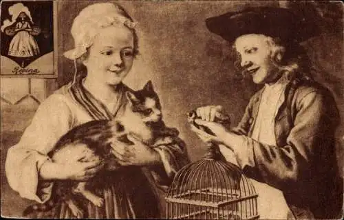 Ak Kinder, Katze, Käfig, Vogel