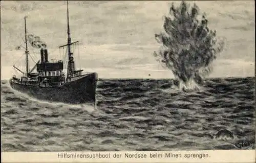 Ak Deutsches Kriegsschiff, Hilfsminensuchboot in der Nordsee, Minensprengung, Kaiserliche Marine