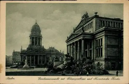 Ak Berlin, Gendarmenmarkt mit Schauspielhaus und Französischer Kirche, Denkmal