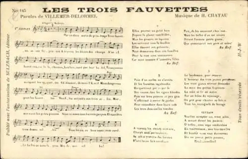 Lied Ak Les Trois Fauvettes, Text Villemer-Delormel, Musik H. Chatau