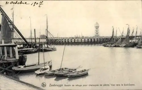 Ak Zeebrugge Westflandern, Bassin de refuge pour chaloupes de peche, vue vers le Sud-Ouest