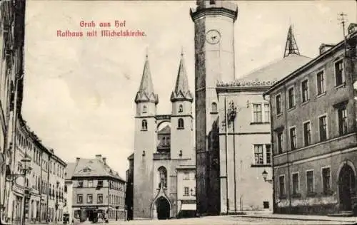 Ak Hof an der Saale Oberfranken Bayern, Rathaus, Michelskirche