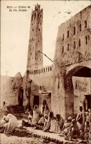 Ak Algerien, arabische Straßenszene, Gebäude, Personen, Turm