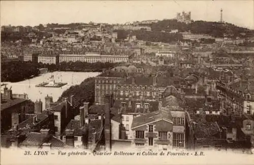 Ak Lyon Rhône, Vue generale, Quartier Bellecour et Coltine de Fourviere
