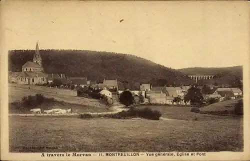 Ak Montreuillon Nièvre, Vue generale, Kirche, Pont