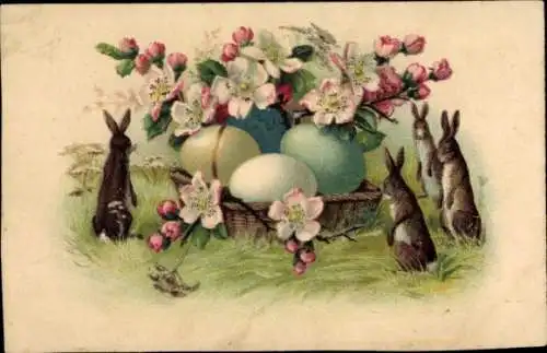 Litho Ostern, Osterhasen am Korb mit Ostereiern und Blüten