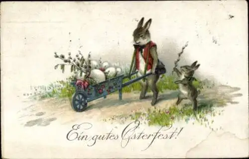 Litho Glückwunsch Ostern, Osterhasen, Schubkarre, Ostereier, Weidenkätzchen