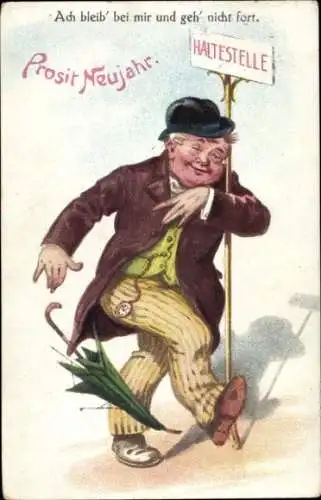 Ak Glückwunsch Neujahr, Betrunkener, Haltestelle, Regenschirm