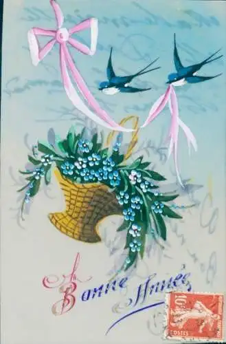 Zelluloid Ak Glückwunsch Neujahr, Schwalben, Blumenkorb