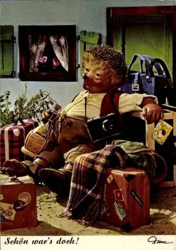 Ak Mecki der Igel, Schön war's doch, Reisegepäck, Kamera, Weinflasche