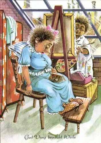 Künstler Ak Vermenschlichte Igel, Gut Ding braucht Weile, Maler, eingeschlafenes Modell