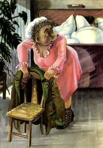 Künstler Ak Vermenschlichte Igel, Igelfrau, schlafender Igelmann, Geldbörse