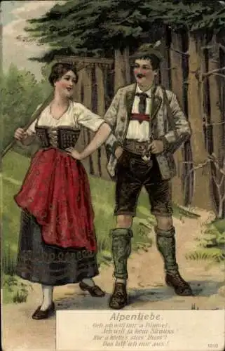Präge Ak Alpenliebe, Liebespaar, Tracht, Frau mit Harke