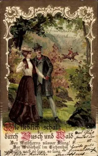 Präge Litho Liebespaar im Wald, Reiter