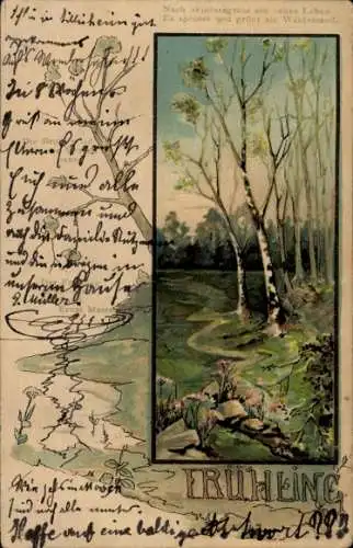 Litho Wald, Birken, Ufer, Allegorie, Frühling