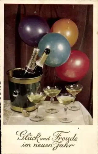 Ak Glückwunsch Neujahr, Sektflaschen, Sektgläser, Ballons